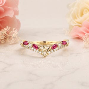 Art Deco Ruby Celtic Knot Wedding Band, Solid Gold Curved Ring