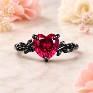 Heart Shape Red Ruby Ring,Vintage Twig Vine Leaf Ring,Antique Ruby Bridal Promise Ring Natural Inspired Black Onyx Black Gold Ring Gift
