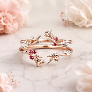 Natural Moonstone Ruby Tulip Enhancer Wedding Band Double Curved Flower Wedding Band 10K Solid Gold Nature Leaf Wedding Ring Guard for Women