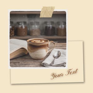 Könnte beinhalten: Eine dampfende Tasse Kaffee mit Latte Art steht auf einem Holztisch neben einem offenen Buch und einem Löffel auf einer Leinen-Serviette. Das Bild hat eine Vintage-Ästhetik.