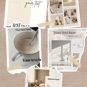 Könnte beinhalten: Eine Collage von Bildern in neutralen Farbtönen, darunter eine Kaffeetasse, eine Schlafzimmerszene und verschiedene Lifestyle-Elemente. Die Bilder sind auf einem strukturierten Hintergrund mit Textüberlagerungen und dekorativen Akzenten angeordnet.