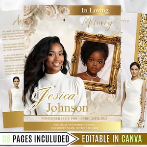 May include: A memorial service announcement with a gold and white floral design. The design includes a photo of a woman and a framed photo of a child. The text reads "In Loving Memory" and includes the name "Jesica Johnson" and dates.