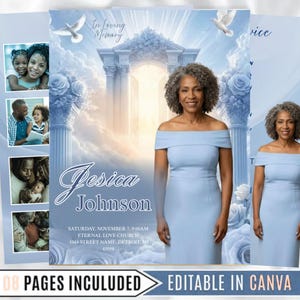 Peut inclure: Annonce de service commémoratif avec une femme en robe bleu clair. Le design comprend une arche céleste, des colombes et des roses. Le texte indique "In Loving Memory" et "Jessica Johnson". L'annonce est modifiable dans Canva.
