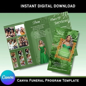 Green Funeral Program Template Trifold - Classic Memorial Programs, Printable Funeral Brochure, Order Of Service