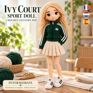 Ivy Court Crochet Doll Pattern PDF, Sporty Amigurumi Girl with Green Track Jacket, Pleated Skirt, Sneakers & Photo Guide, Instant Download