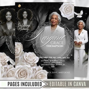 May include: Memorial cards with a black and white theme. The cards feature images of a woman, white roses, and the text "Margaret Grace Thompson". The text includes dates, a church name, and the phrase "A Life of Grace, Love, and Light".
