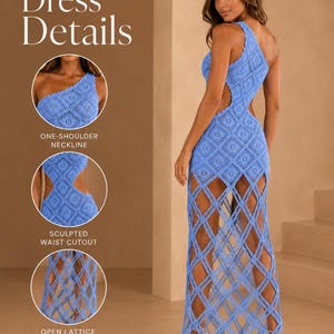 Häkelkleid-Anleitung (PDF), blaues One-Shoulder-Häkelkleid, Maxikleid mit Cut-Out-Gittermuster, Häkel-Strandkleid, Sofort-Download