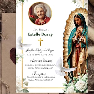 May include: A memorial card with a portrait of a woman in a gold frame, featuring text in Spanish. The card includes a gold cross, a depiction of the Virgin Mary, white doves, and floral accents. The card's text includes the name "Estelle Darcy".