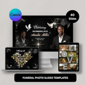 May include: A digital display of funeral photo slides templates. The main screen displays a memorial with the text "Celebrating the Wonderful Life of Amelia Miller." Other screens show photo collages. The image includes the Canva logo and the text "Funeral Photo Slides Templates."