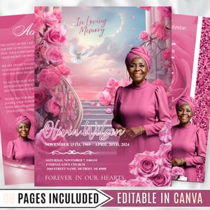 Plantilla de programa conmemorativo floral rosa, folleto funerario de 8 páginas 17x11, programa de obituario plegable, celebración de la vida (descarga en Canva)