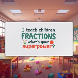 May include: A whiteboard in a classroom setting displays the text "I teach children FRACTIONS what's your superpower?" in green and red. The room has wooden floors and is scattered with colorful toys.
