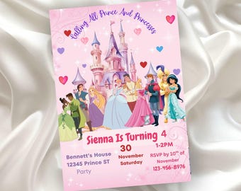 May include: Pink birthday party invitation with a castle and cartoon characters. The invitation says "Calling All Prince And Princesses" and includes party details: "Sienna Is Turning 4", date, time, and RSVP information.