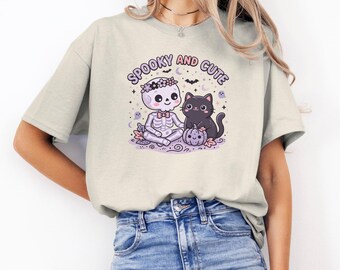 Spooky Pumpkin Cat Skeleton Shirt, Halloween Comfort Colors Graphic Tee