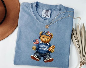250 Years Freedom Bear Shirt, Comfort Colors Garment Dyed Tee, Retro 4th July Apparel