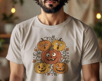 Halloween Pumpkin Faces T-Shirt, Spooky Autumn Graphic Tee