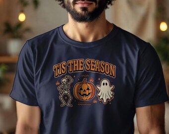 Tis The Season Halloween T-Shirt, Skeleton Pumpkin Ghost Graphic Tee