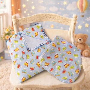 Baby Boy Receiving Blanket & Burp Cloth Set – Cute Train Print, Soft Flannel Newborn Gift, Handmade Baby Shower Gift