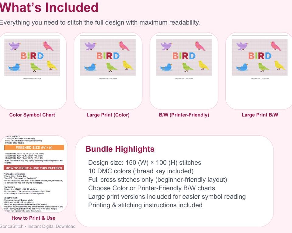 Rainbow Bird Crew Cross Stitch Pattern Pdf | Colorful Birds + Bird Word ...