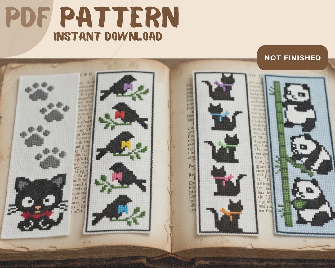 Cat Bookmark Pattern Bundle, Cross Stitch Bookmark Set, Black Cat Bird ...
