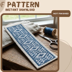 Antique Blue bookmark cross stitch pattern pdf | bluework geometric bookmark