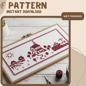 Sunny Countryside cross stitch pattern pdf | redwork countryside sampler | two color pattern