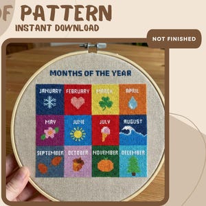 Months of the Year Cross Stitch Pattern PDF | 12 Month Blocks | 150x150 | 21 Colors | 12 Months in 1 Pattern, Nursery / Classroom Decor PDF