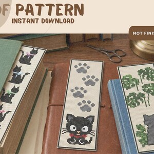 Marcapáginas de gato en punto de cruz / 3 mini patrones / Huellas de patas + Pila de gato + Planta de gato
