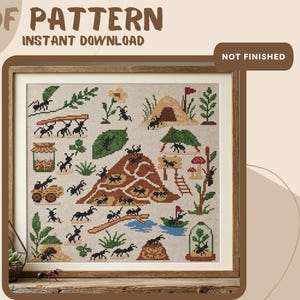 Ant Colony Life Cross Stitch Pattern PDF, Bug Sampler Embroidery Chart, Nature Insect Scene, Printable DMC Pattern