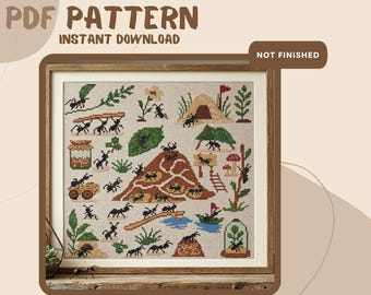Ant Colony Life Cross Stitch Pattern PDF, Bug Sampler Embroidery Chart, Nature Insect Scene, Printable DMC Pattern