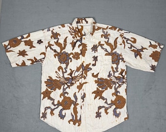 Vintage Indonesian Batik Shirt Mens XL Short Sleeve Handmade Bird Floral Cotton