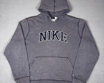 Y2K Nike Spellout Embroidered Arc Logo Hoodie Heather Grau Pullover Herren XL