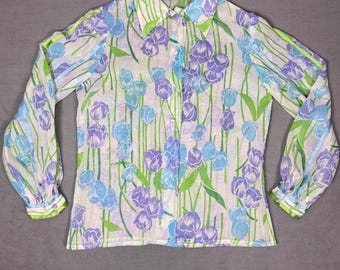 Vintage 60s 70s Tulip Print Blouse Bishop Sleeve Satin Trim Sheer Floral S