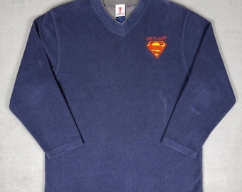 Vintage 2000 Six Flags Superman Bestickter Fleece V-Neck Pullover Navy Herren M