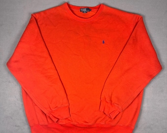 Vintage Y2K Polo Ralph Lauren XL Orange Blå Pony Fleece Crewneck Tröja