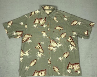 Camisa hawaiana de seda vintage de Island Republic, color verde hoja de ave del paraíso, talla XL