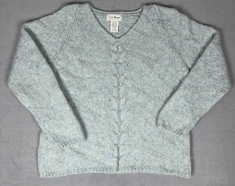 Maglione vintage anni '90 L.L. Bean in lana d'agnello e mohair con scollo a V e lavorazione a trecce, blu e grigio, taglia M