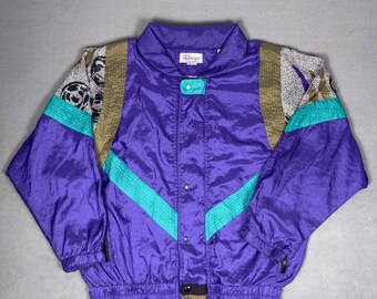 Chaqueta cortavientos de nailon Clipper Bay de estilo vintage de los 90, color morado y verde azulado, talla M para hombre.