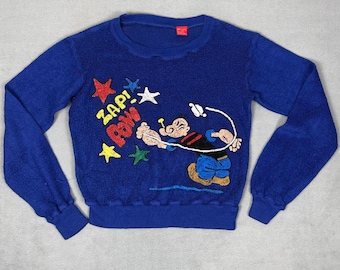 Vintage 80s Popeye Chenille Sweater Zap Pow Boucle Knit Crewneck Cropped S