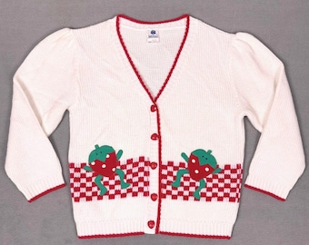 Vintage 80s Ruth Scharf Strawberry Cardigan Applique Made in USA Novelty XS