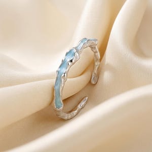 Adjustable Blue Enamel Ring, Sterling Silver Band, Minimalist Dainty Jewelry, Stacking Wrap Ring, Statement Gift For Women