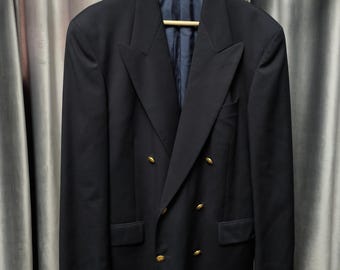 Blazer cruzado de lana vintage Kenzo Homme, fabricado en Francia en los años 90, azul marino, chaqueta de diseñador extragrande con botones dorados.