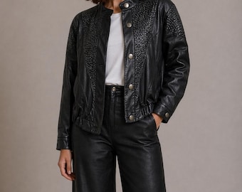 Chaqueta bomber de cuero negro vintage: abrigo oversize con patchwork de los años 80 y 90