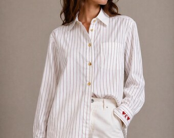 Blusa vintage ESCADA de algodón a rayas, blanca, roja, con botones dorados y puños en forma de corazón, talla 36.