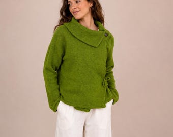 Chaqueta cárdigan verde vintage 100% lana / Suéter nepalí hecho a mano / Abrigo holgado estilo boho para mujer