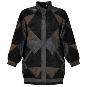 Vintage Patchwork Leather Bomber Jacket: Geometric Black Brown 80s 90s Statement Coat