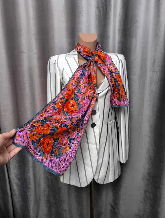 Vintage Emanuel Ungaro Silk Scarf Floral Print Pink Purple Orange Designer Scarf Retro Luxury Statement Accessory Gift