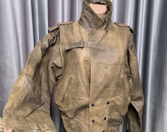 Chaqueta de cuero marrón auténtica de estilo motero vintage desgastada, estilo café racer, para hombre, talla 54 L XL