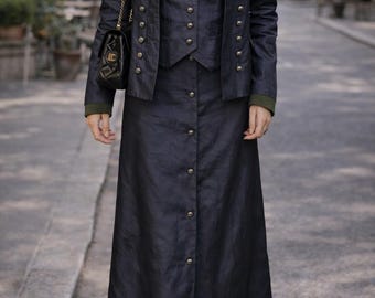 Vintage Sportalm Kitzbuhel Suit Set 3 Piece Austrian Designer Skirt Jacket Vest 90s Military Style Navy