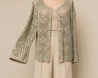 Cárdigan de ganchillo beige, suéter de punto bohemio, cárdigan abotonado extragrande, hecho a mano, estilo festival, ropa bohemia
