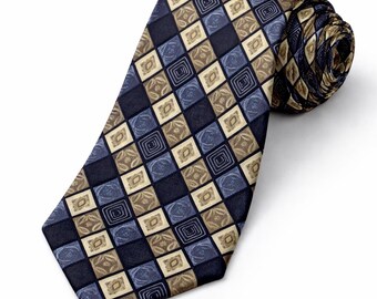 Corbata de seda vintage azul marino y beige con estampado geométrico / Corbata italiana para bodas y negocios
